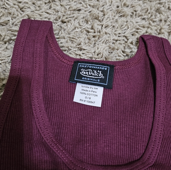 New Von Dutch Tank Maroon Yellow Script Ribbed Stretch - Picture 3 of 6